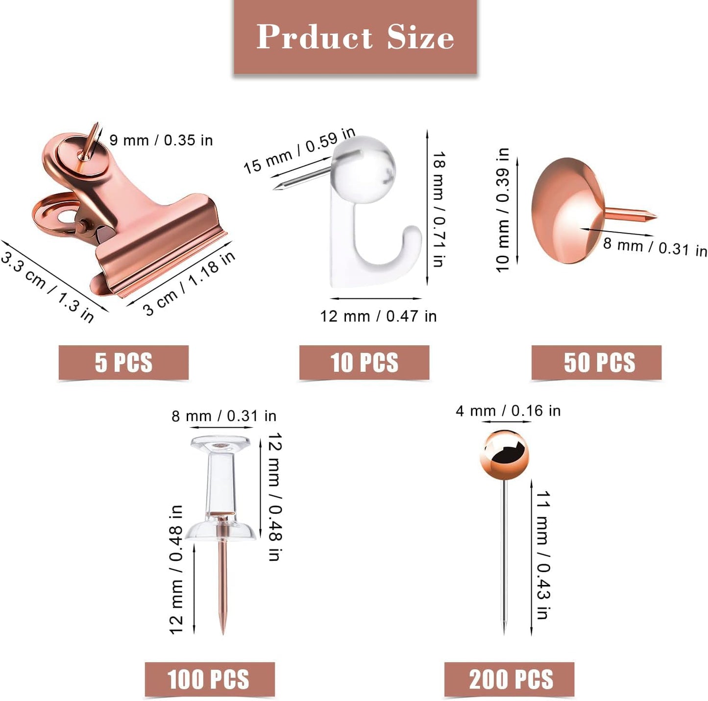 RZJZGZ 310 Pcs Gold Push Pins Set Decorative Push Pins for Cork Board 5 Style Pins Office Accessories (Rose-Gold)