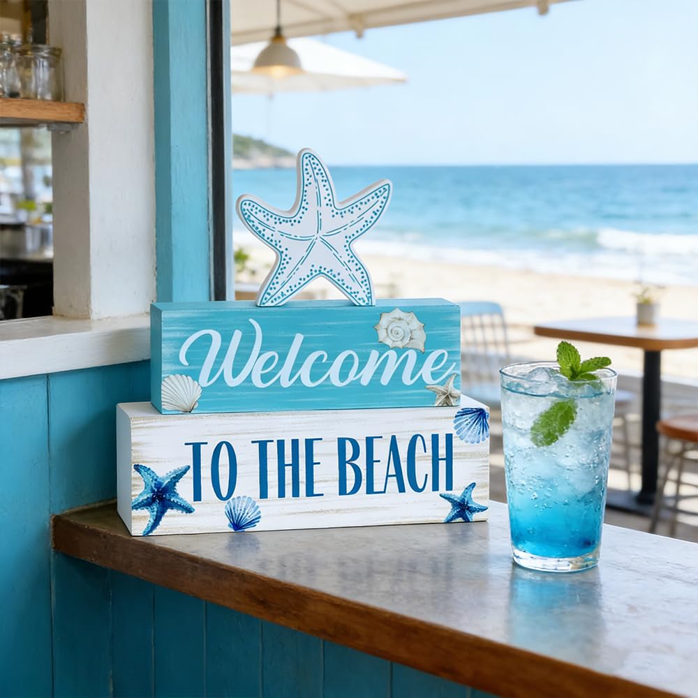 Beach Decorations for Home, MEETYAMOR 3-Layered Starfish Seashell Coastal Wood Block Beach Decor, TO THE BEACH Sign Ocean Decor for the Home, Table, Mantel