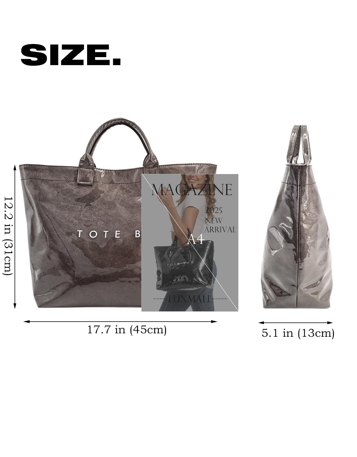 LuxMall PVC Tote Bag for Women Large Tote Purse Kraft Paper The Letters Print Bag Hobo Handbag with Top Handle for Work Travel Shopping Beach, Coffee Brown