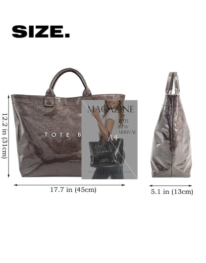 LuxMall PVC Tote Bag for Women Large Tote Purse Kraft Paper The Letters Print Bag Hobo Handbag with Top Handle for Work Travel Shopping Beach, Coffee Brown