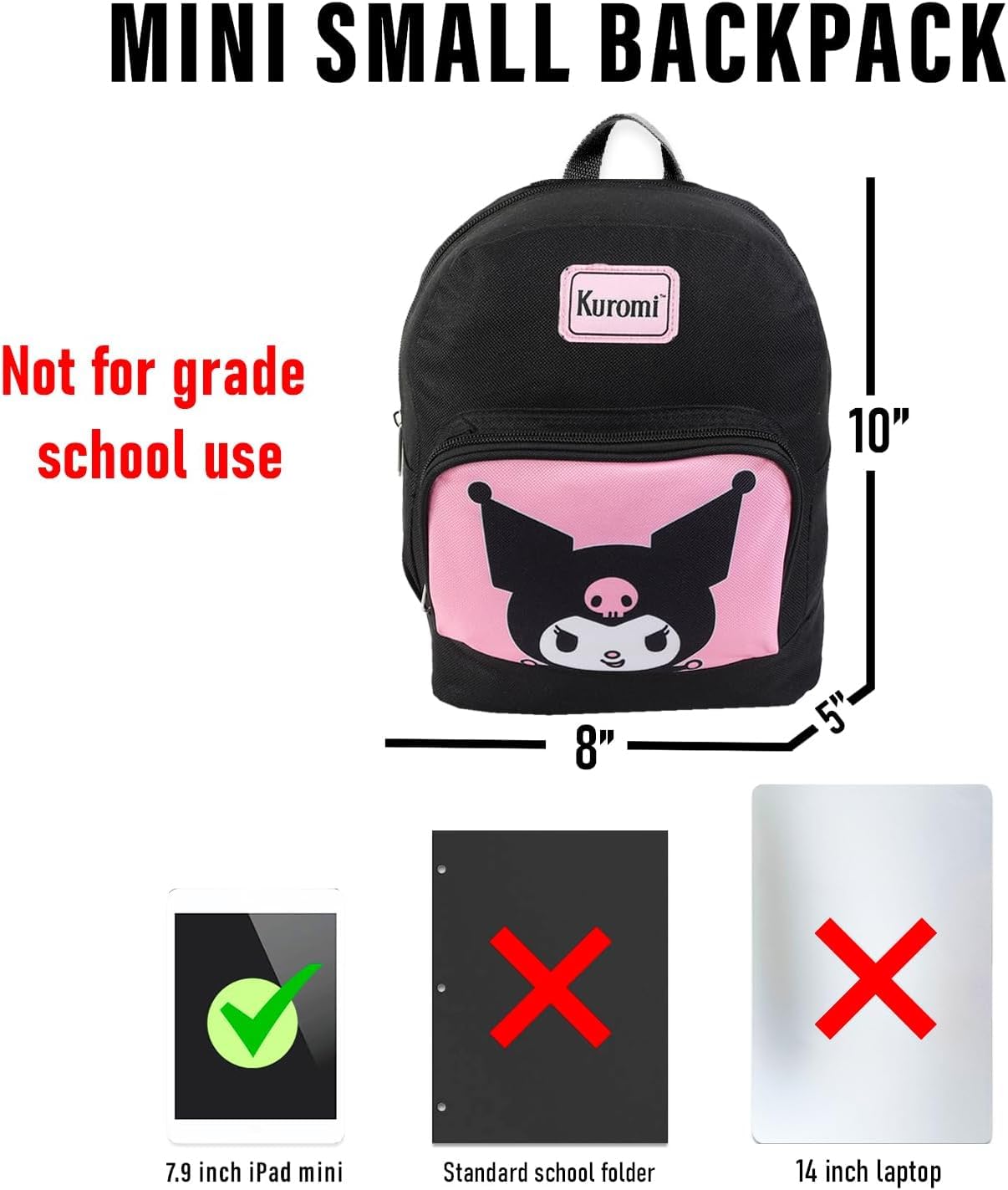 SANRIO Kuromi Mini Backpack with Wallet Set - Bundle with 10 Woven Backpack with Front Pocket and Card Organizer for Women | Kuromi Travel Bag Set
