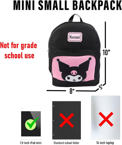SANRIO Kuromi Mini Backpack with Wallet Set - Bundle with 10 Woven Backpack with Front Pocket and Card Organizer for Women | Kuromi Travel Bag Set