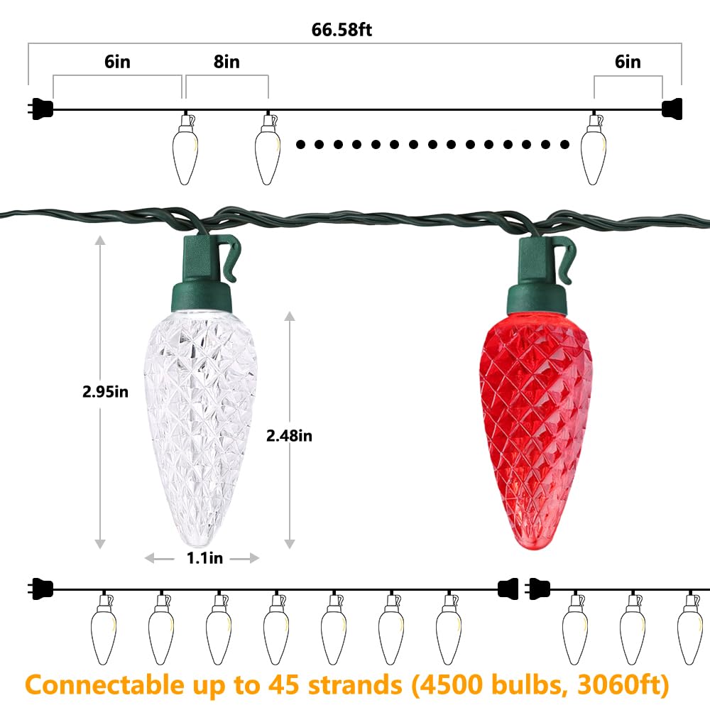 Brizled 100 LED C9 Red & White Christmas Lights, 66FT Faceted Christmas Lights, Connectable Outdoor Indoor Strawberry Light String, 120V UL Certified for Valentine's Day Party Xmas Tree House Garden