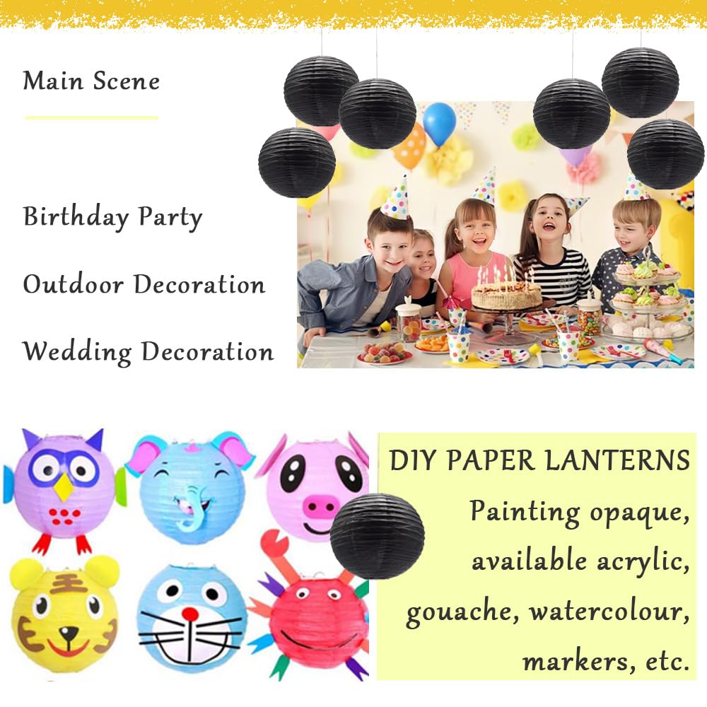 Ruidee 6Pcs Paper Lanterns Decorative Round Hanging Paper Lanterns for Birthday, Wedding, Christmas Xmas, Bridal, Home Decor, Party Decoration（12in/Black）