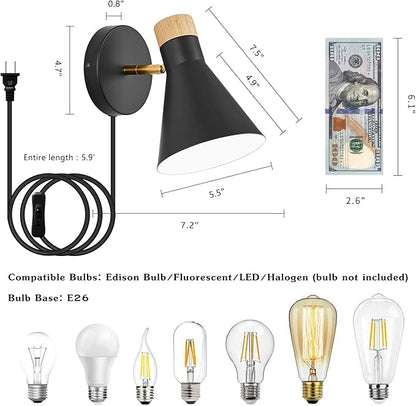 Wall Sconce Set of 2, Wall Sconce with Metal Shade, Plug Switch, Indoor Decor Wall Mount Swing Arm Lamp for Bedroom,Hallway,Living Room,Reading, Black