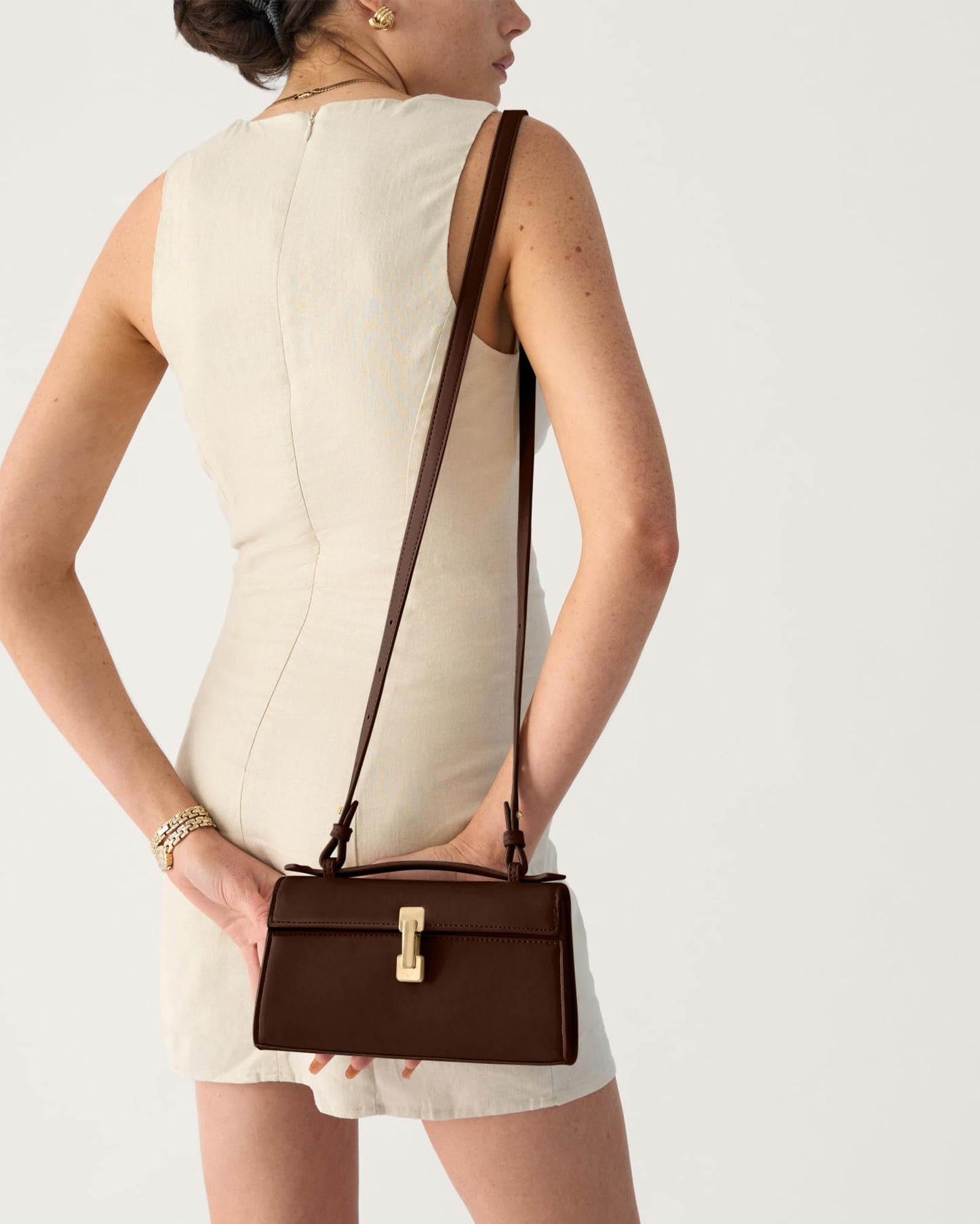 Clutch Purses for Women - Small Evening Bag - Trendy Top Handle Purse - Adjustable Crossbody Handbag PU Leather - Chocolate Brown