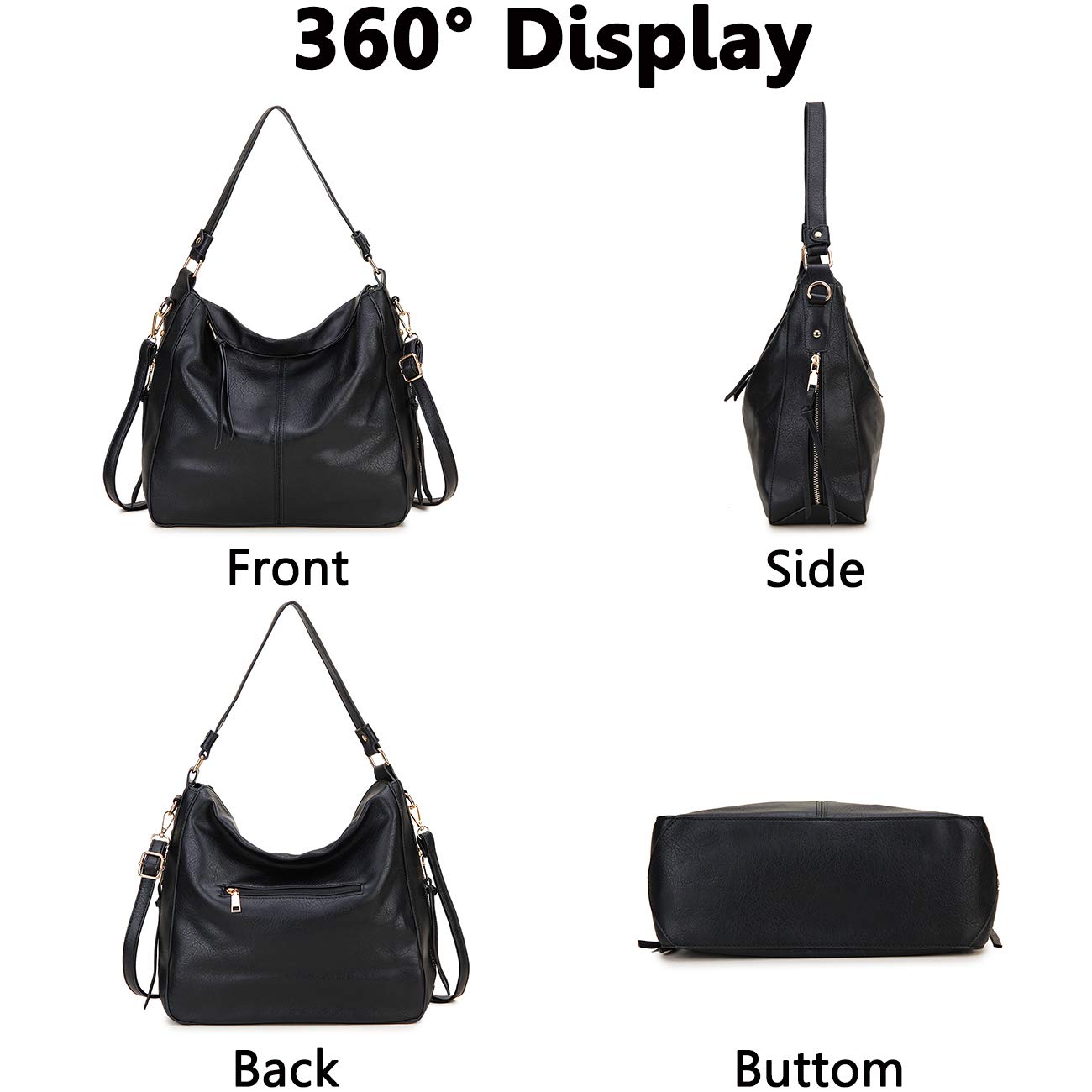 Hobo Bags for Women,VONXURY Faux Leather Tote Purse Ladies Handbag Large Shoulder Bags with Side Pockets for Work Travel,Black