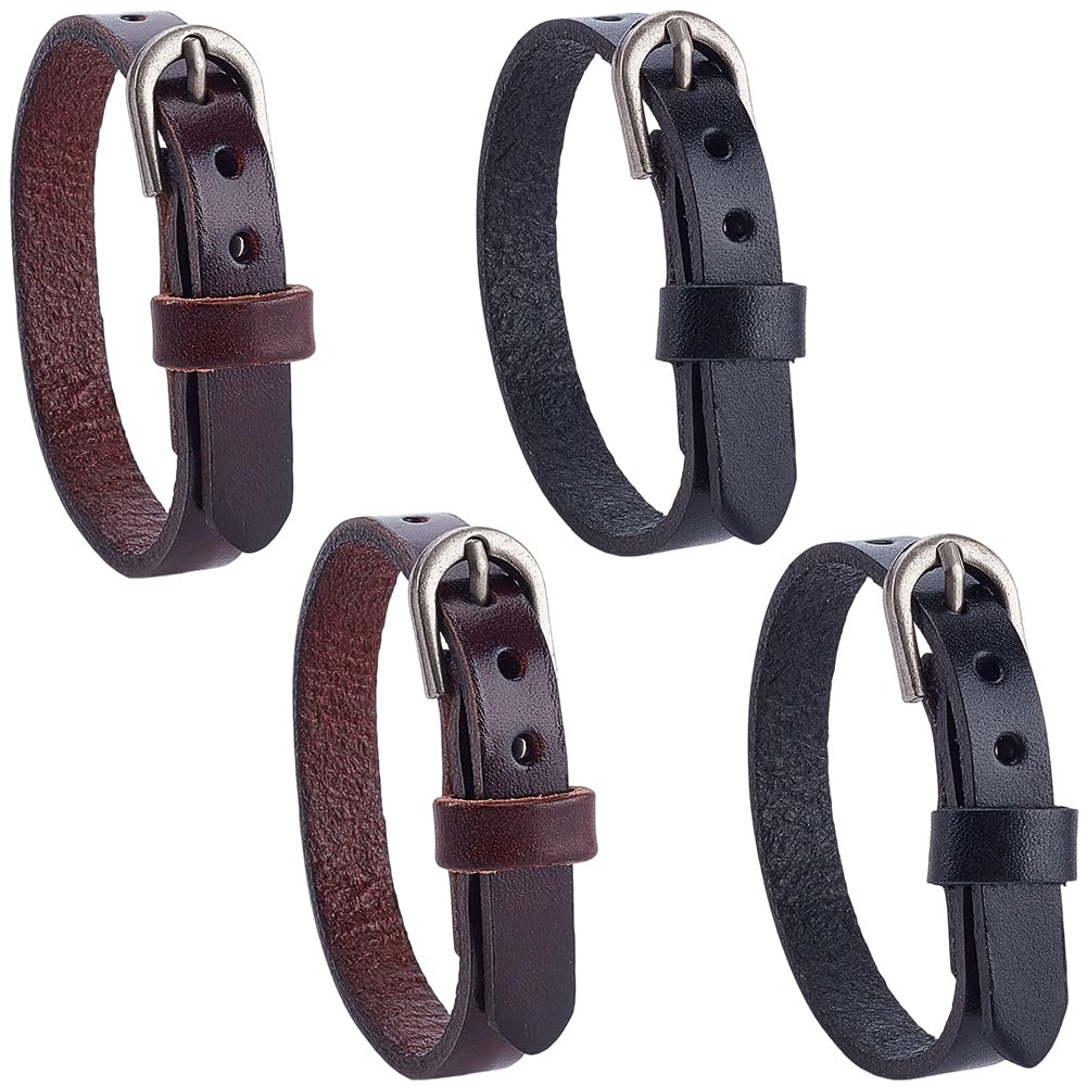 CALFOVERA 4PCS Genuine Leather Wristband Bracelet Retro Adjustable 2 Colors Simple Alloy Buckle Bangle Cowhide Leather Stirrup Straps Cuff Bracelet Jewelry for Men Women Daily Party
