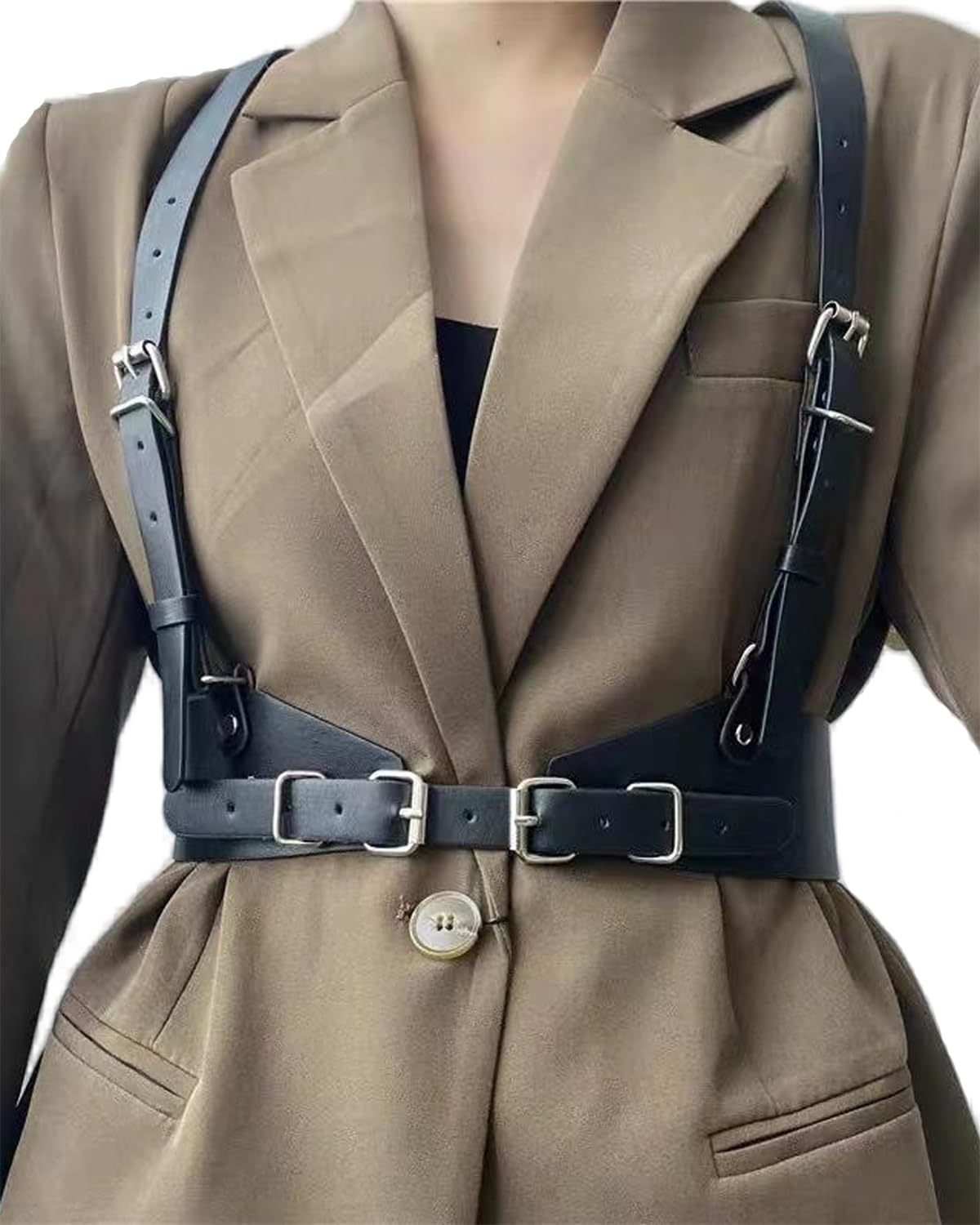 Pretishows Punk Womens Waist Belt Adjustable Suspenders Straps PU Leather Harness Belt Large