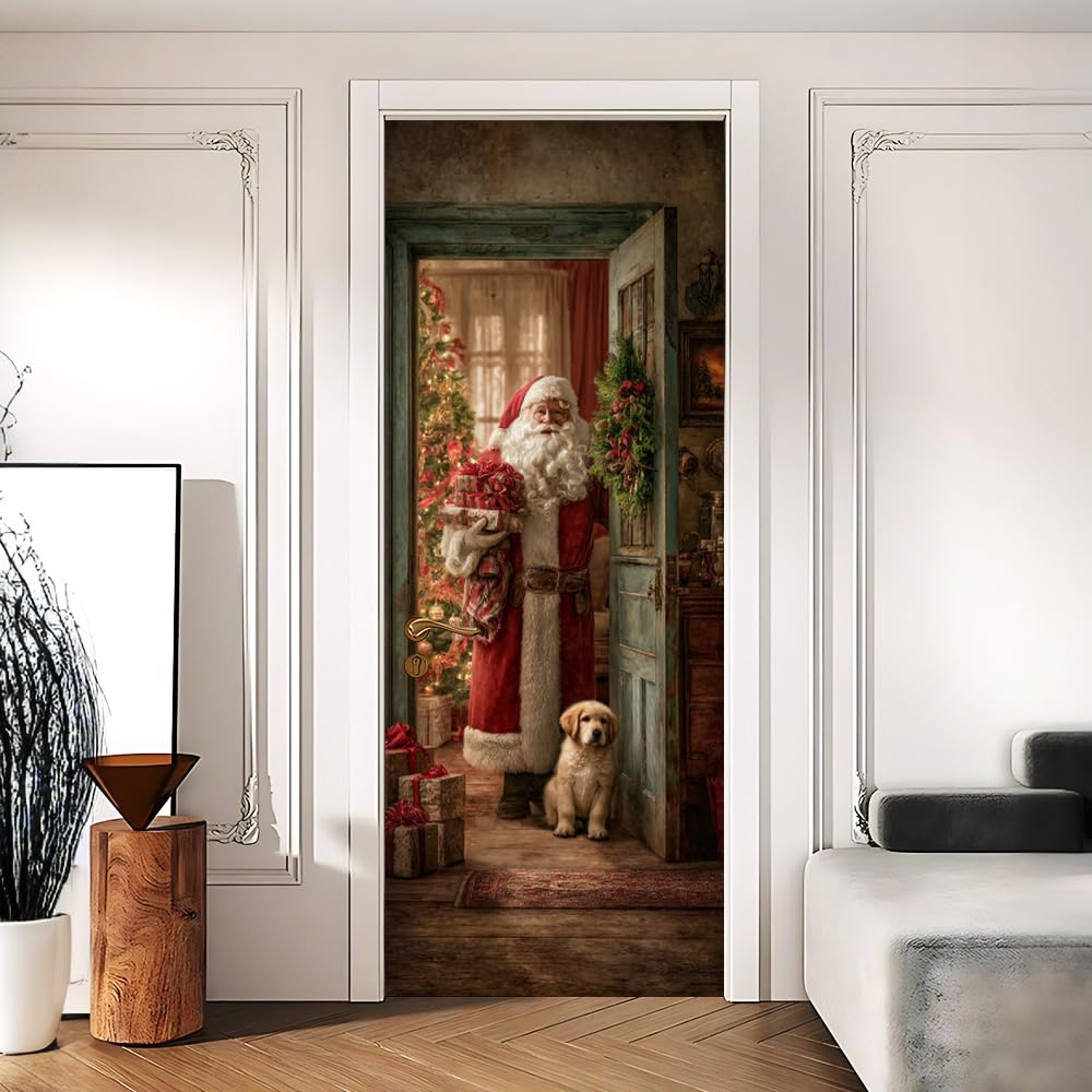 Santa and Puppy Christmas Door Mural Peel and Stick - Festive Golden Retriever Holiday Scene, Decorative Self-Adhesive Door Decals for Indoor Decor, 30.31 x 78.74 Inch