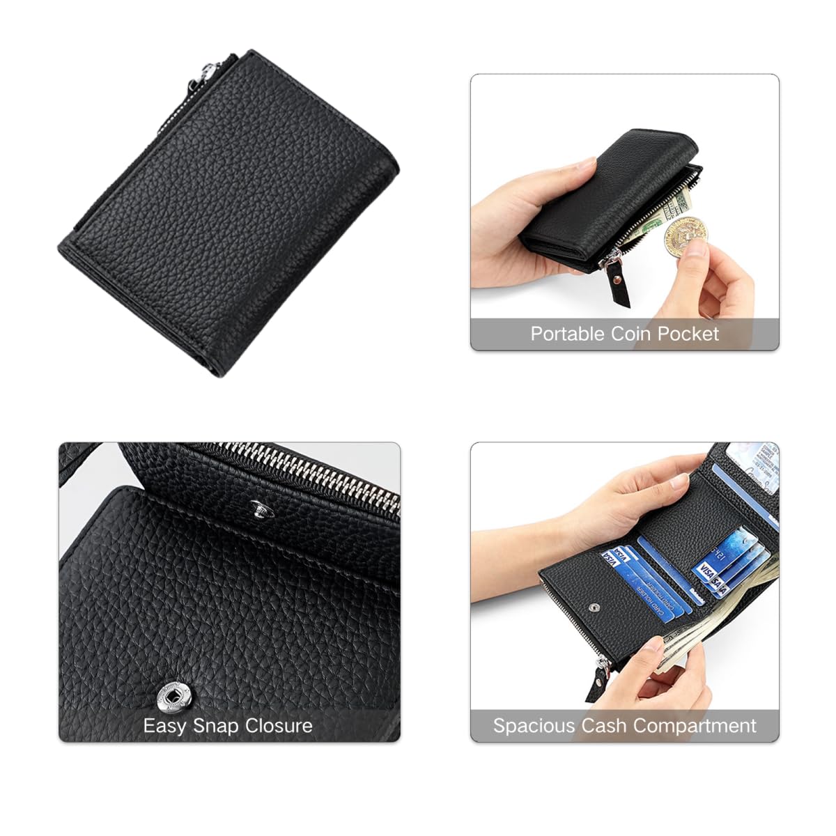 Mudono Women’s Wallet Small Genuine Leather Credit Card Holder RFID Blocking Tri-Fold Wallet With ID Window and Zipper Pocket