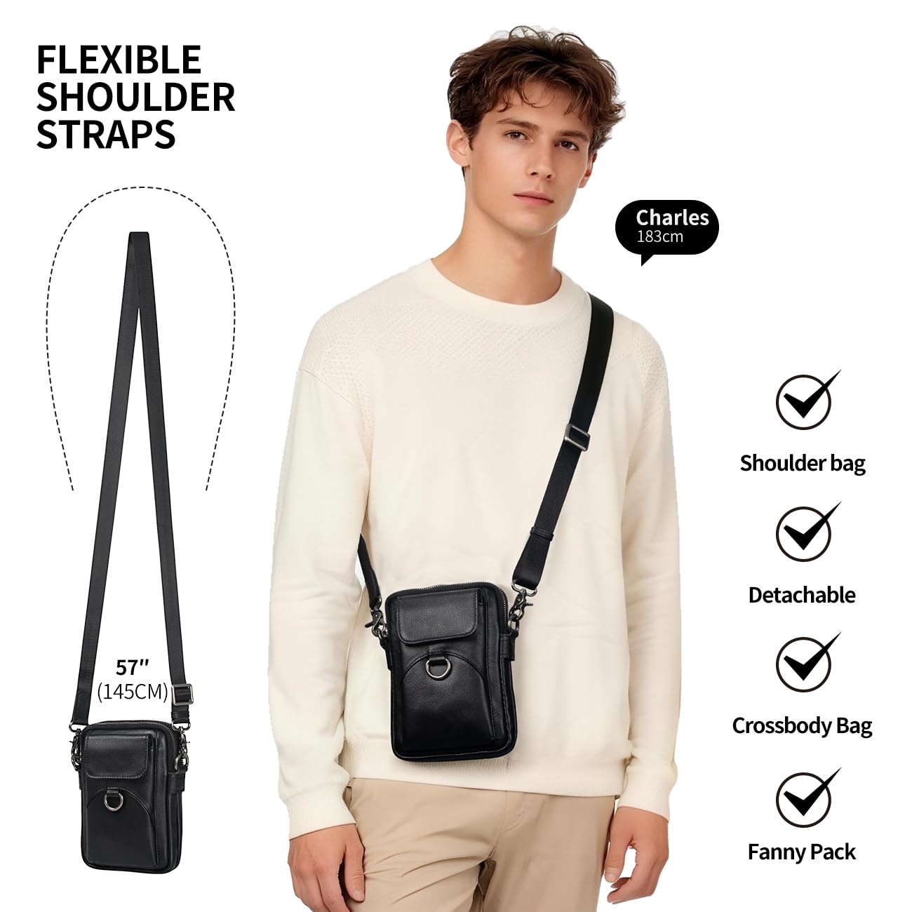 Augus Genuine Leather Small Crossbody Bag Cell Phone Messenger Purse Shoulder Handbag for Daily Use for Women and Men (Black-1)