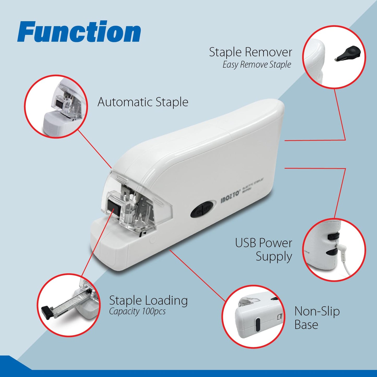 INOZTO Electric Stapler, Batteries or USB Powered. Intellignet Automatic Sensor Stapler for up to 20 Sheets, 20 Pages per Second with Staple Remover & Anti-Slip Base, Compatible with Bostitch Staples