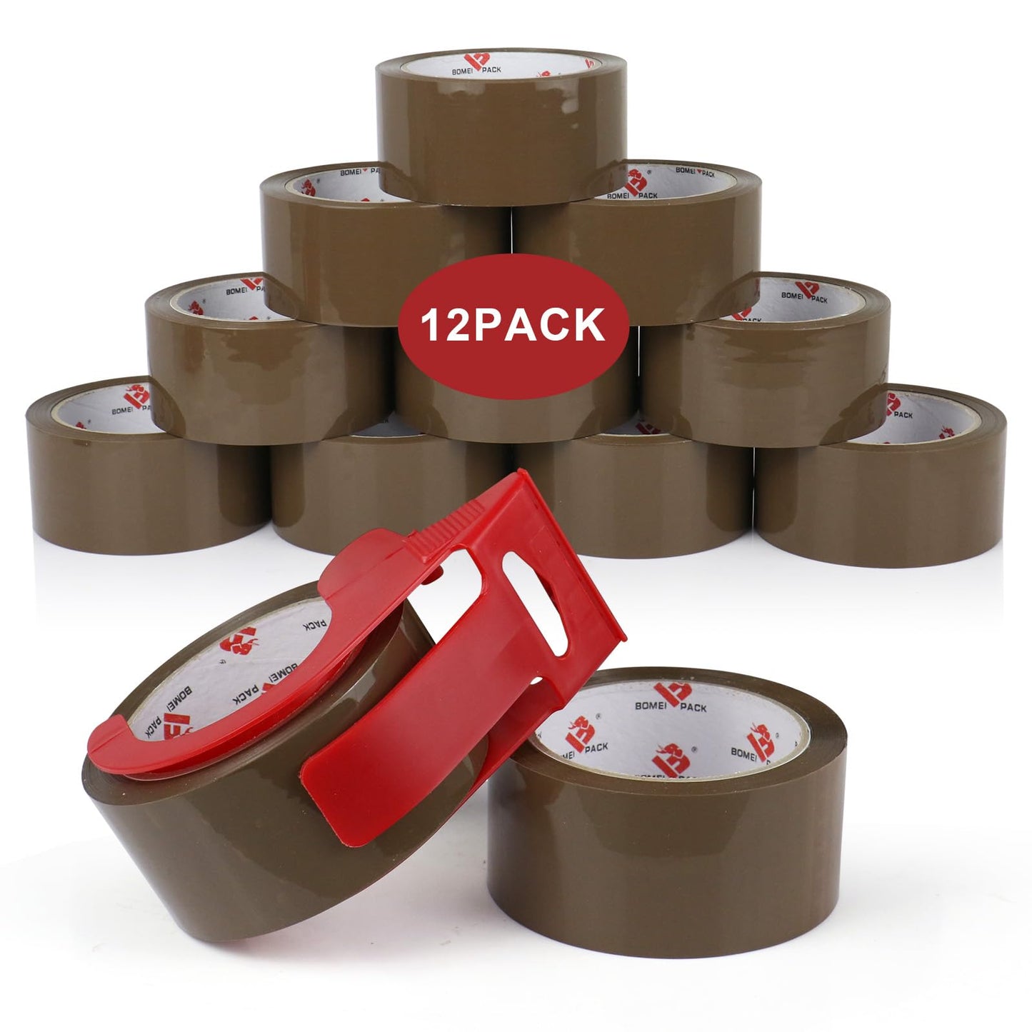 BOMEI PACK Brown Packing Tape with Dispenser, 2.6 mil 1.88 inch x 55 Yards 12 Pack Total 660 Yards, Heavy Duty Brown Tape Package Refills for Shipping, Mailing, Moving & Storage