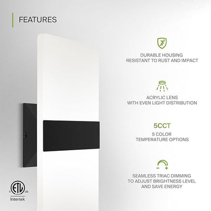 ASD 14 Inch LED Indoor Wall Sconce - Modern Interior 24W 120V 2700K-5000K Adjustable Dimmable Wall Mounted Light Fixtures, Acrylic Glass Wall Lights for Stairway, Hallway - ETL, Matte Black 2 Pack