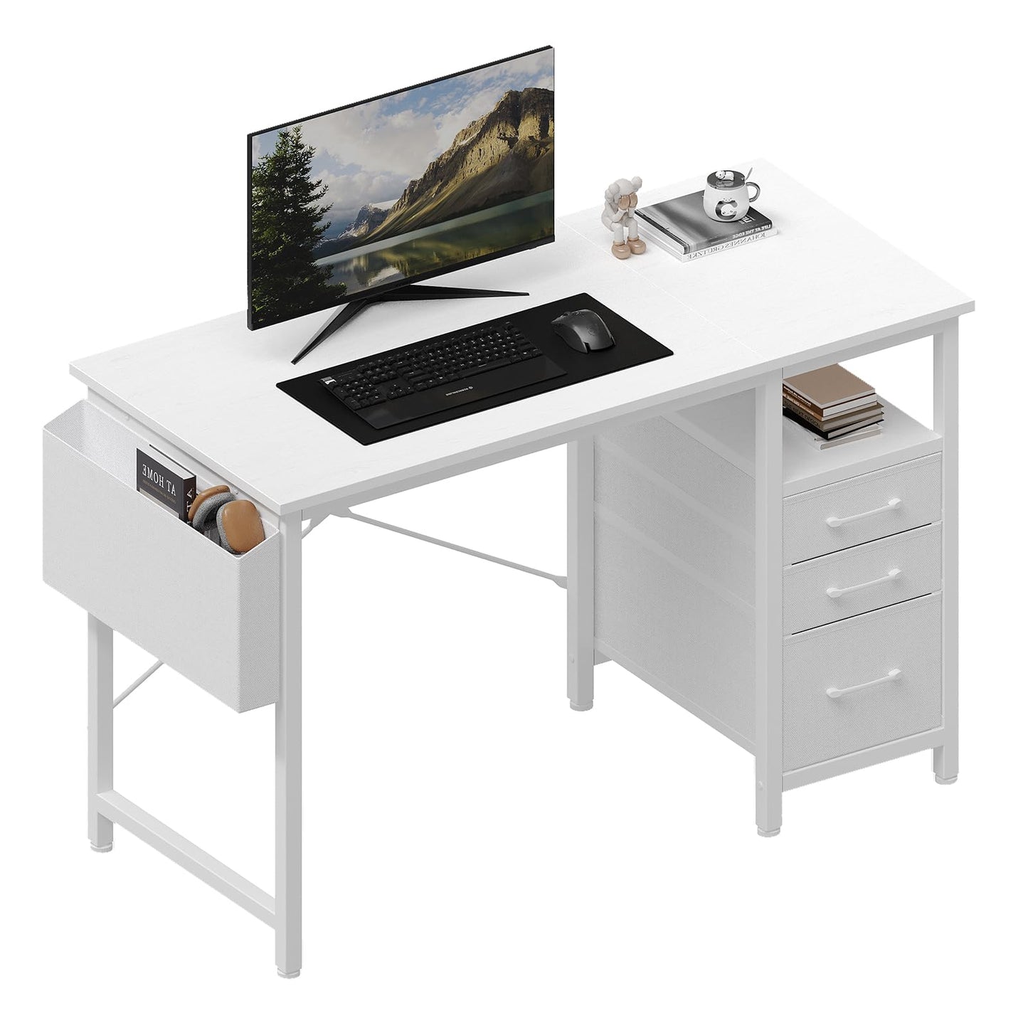 DUMOS Computer Desk with Storage, Small Home Office Desk with 3 Fabric Drawers & Side Pocket, Space Saving Writing Desk for Apartment, Dorm, Gaming Workstation, 39" White