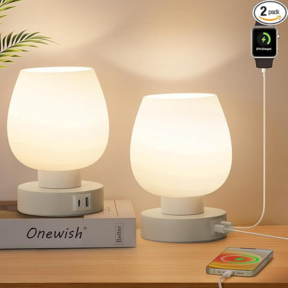 Touch Bedside Table Lamp Set of 2 - Modern Nightstand with USB-C&A Charging, 3-Way Dimmable LED Desk Lamp, White Opal Glass Shade