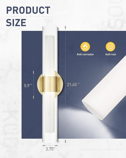 kudos Gold Modern Sconces Wall Lighting, 2Pc Wall Sconces with Clear Glass and Frosted Glass, Modern LED Vanity Light for Bathroom, 3000K/4500K/6000K Adjustable,KDVL06-GD-2-2PK