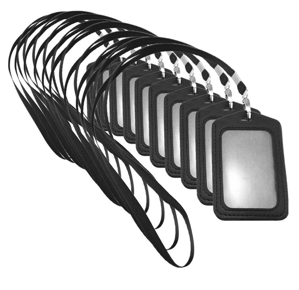 yueton 10pcs Vertical Style Leather Business ID Badge Card Holder, Name Card Business Card Holder Tag with Long Neck Strap Band Lanyard (Black)