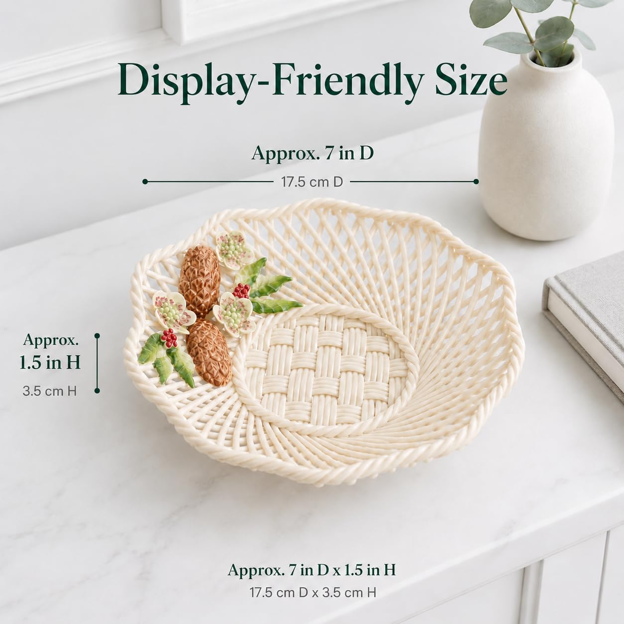 Belleek Classic Wild Irish Hedgerow Winter Basket - Boho Room Decor, Decorative Storage Baskets, Adorned with Pinecones, Holly, and Christmas Rose, 7”D x 1.5”H