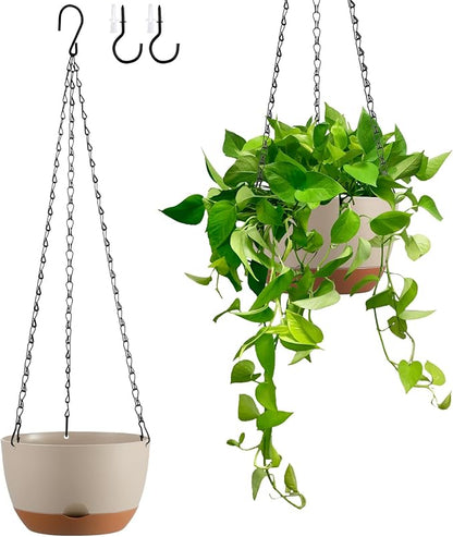 Set of 2 8 Inch Self Watering Hanging Planters for Indoor Outdoor Plants, Color Blocking Hanging Baskets Flower Pots with Drainage Hole & Removable Water-Storage Tray and 20" Chain Hanger