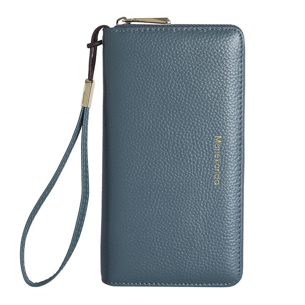Fashionable long RFID leather women's wallet, large capacity multi slot phone case, zipper closure, detachable wrist strap, hand-held wallet (Light Blue)