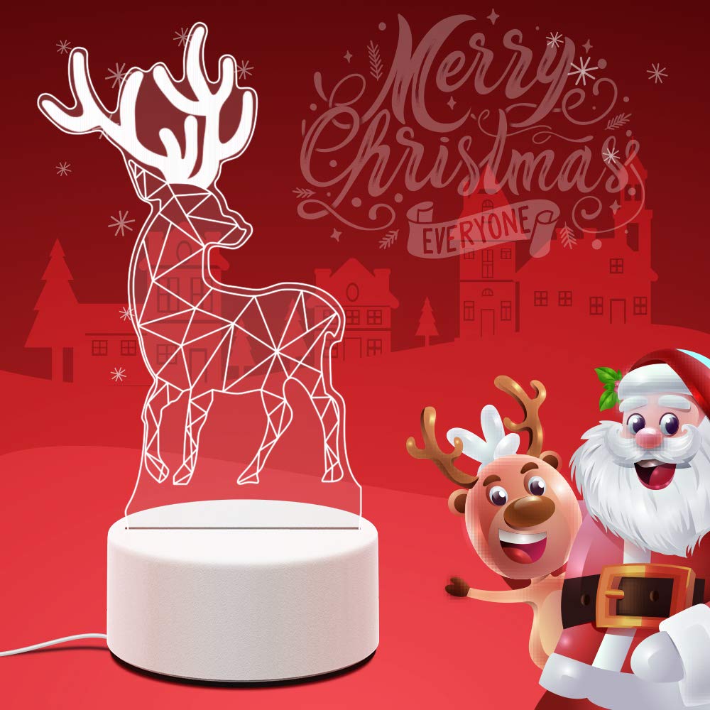 3D Illusion Toys Night Lightfor Kids, AKIVIDA 3D Christmas Deer Light Three Pattern Decor Lamp Best Gifts for Boys Girls on Birthday Graduation Festival Halloween Christmas