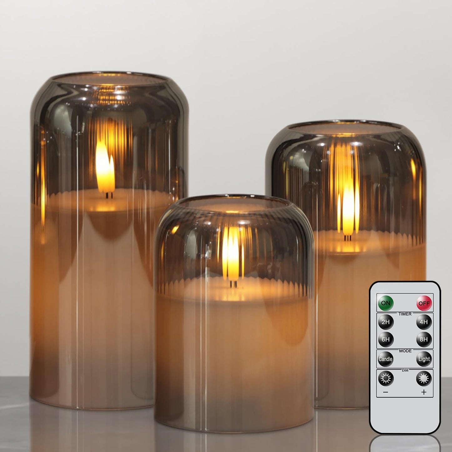 KunSwenn Glass Flameless Candles, Striped Glass Flameless Candles with Remote, Set of 3 Battery Operated Candles with Flickering 3D Wick, LED Pillar Candle for Home Halloween Decor(Grey, D3”xH4”5”6”)