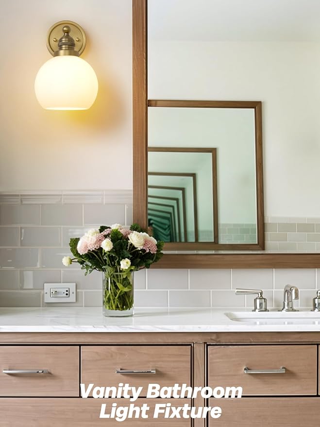 Gold Wall Sconces,Vintage Bathroom Vanity Light with Milk Glass Modern Brass Sconces Wall Lighting for Living Room Bedroom Hallway Stairway E26 Hardwire Indoor