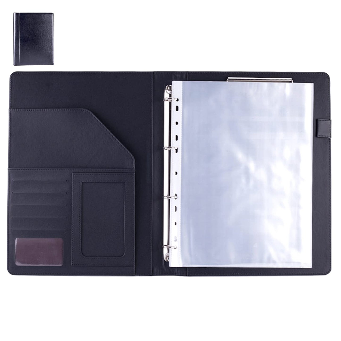 Enyuwlcm PU Leather Padfolio Ring Binder with Clipboard Resume Leather Portfolio with 20 Clear Plastic Sleeves Black