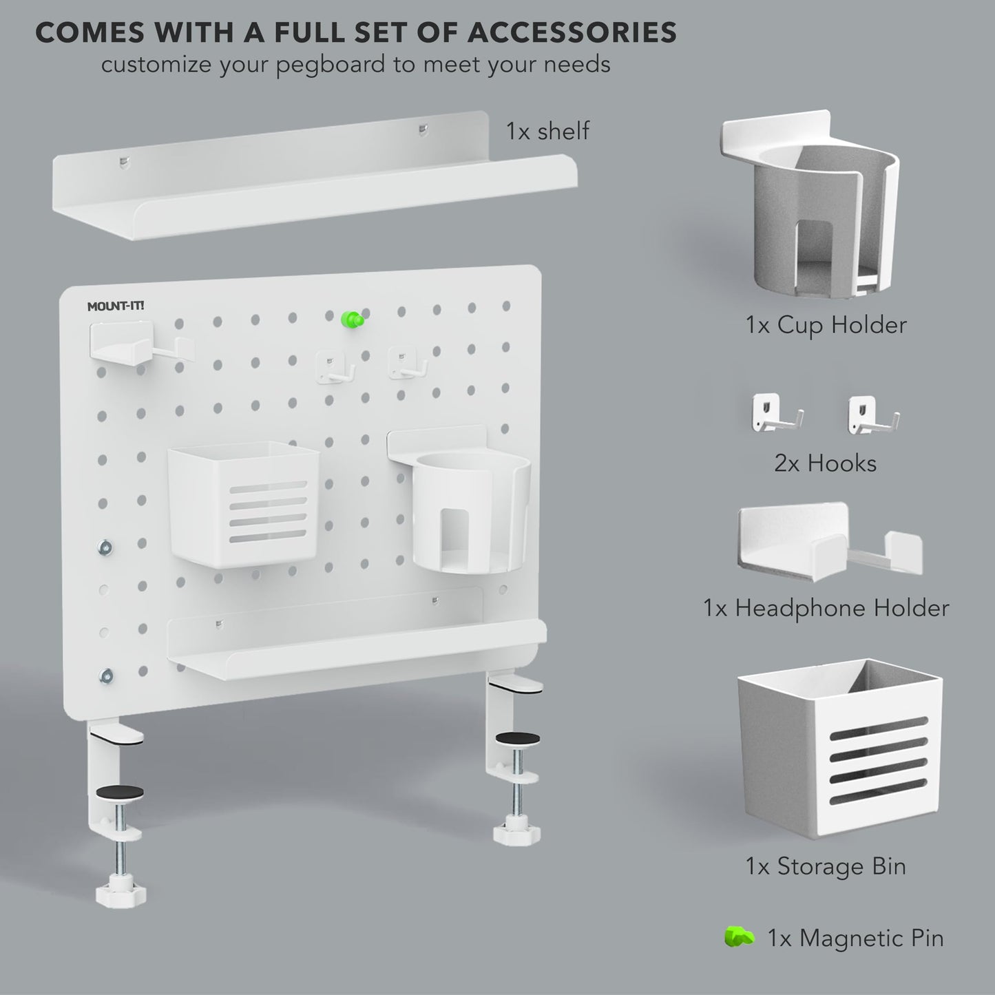Mount-It! Clamp-On Pegboard Organizer | Adaptable Desk Storage for Home Office, Gaming & Crafting | Easily Organize Essentials with Shelf, Cup Holder & Hooks (White)