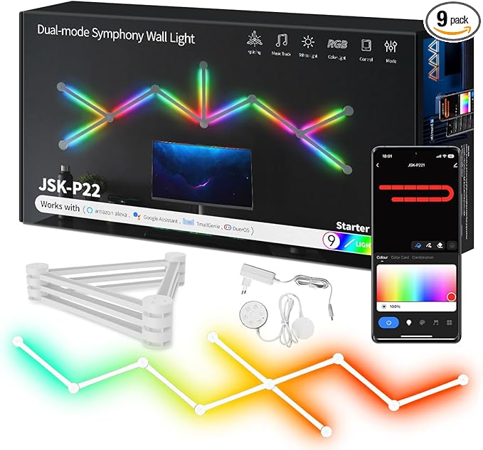 LED Smart Glide Wall Line Light, WiFi RGB LED Wall Lights for Gaming Room, 16M+ Colors, Music Sync, Compatible with Alexa and Google Assistant(9 Light Lines,White)