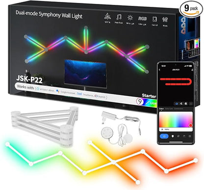 LED Smart Glide Wall Line Light, WiFi RGB LED Wall Lights for Gaming Room, 16M+ Colors, Music Sync, Compatible with Alexa and Google Assistant(9 Light Lines,White)