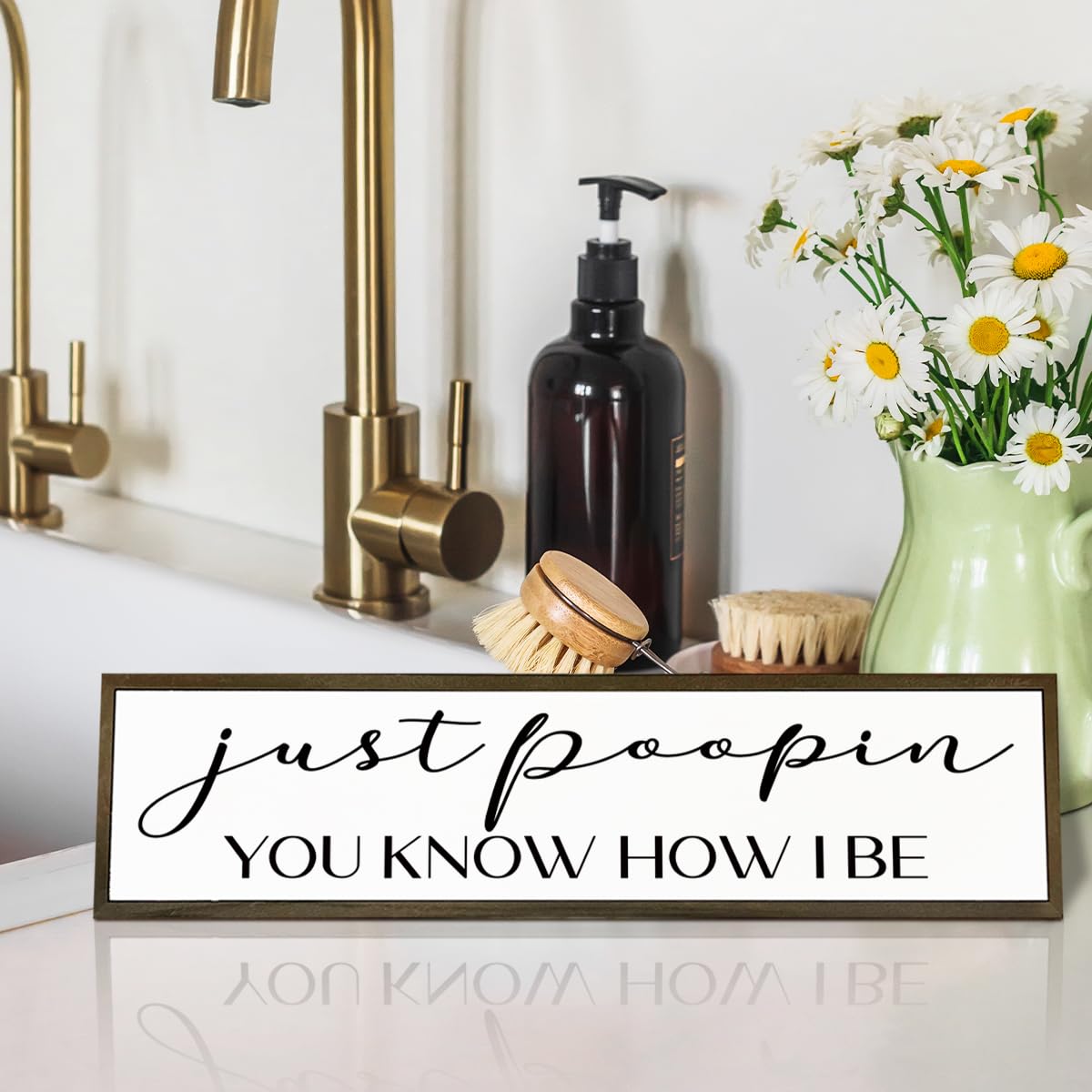 WKYAER Bathroom Wood Sign, Just Pooping You Know How I Be Sign, Funny Restroom Wall Decor, Toilet Humor Signs for Bathroom Decors, Shelf Decoration, Rustic Wood Hanging Signs, 17.8x4x1.2 inches