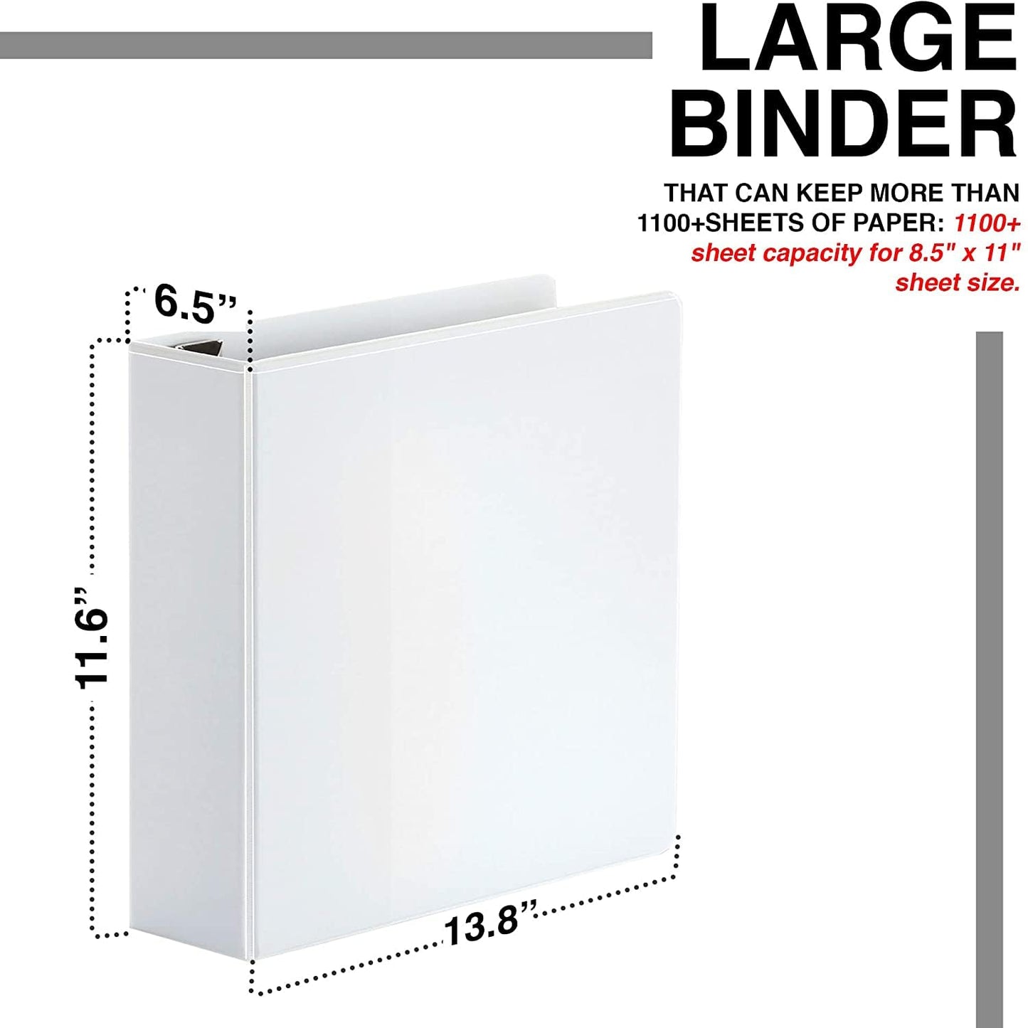 4 Pack of 6 Inch 3 Ring Binder with Locking Angle D Rings, Professional Heavy Duty Large Storage Binder with Pockets, Fits 8.5 x 11 Inch Sheets, Non-Stick Clear View Cover, Customizable, White