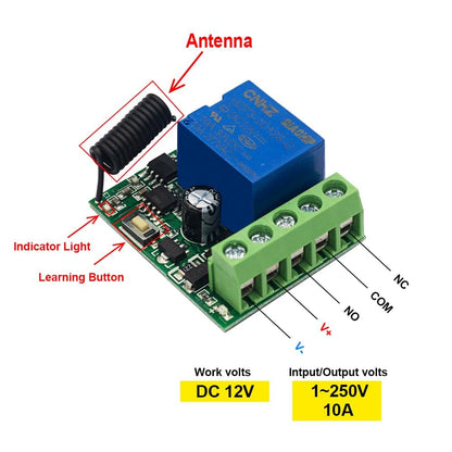 QIACHIP 433Mhz Universal Wireless Remote Control Switch DC 12V 1CH Relay Receiver Module RF Transmitter Momentary Toggle Latch for Gate Door Open,LED,Pump,Car(Transmitters 2 Button+ 1 Receiver 1CH)