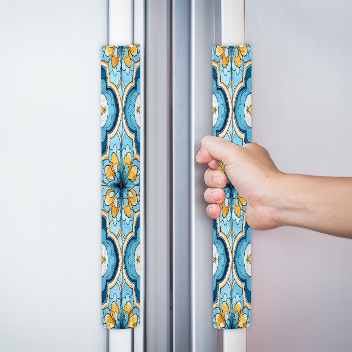 DXTKWL Blue Yellow Quatrefoil Pattern Refrigerator Door Handle Covers Set of 2 Kitchen Appliance Handle Covers Protector for Fridge Microwave Stove Oven Dishwasher