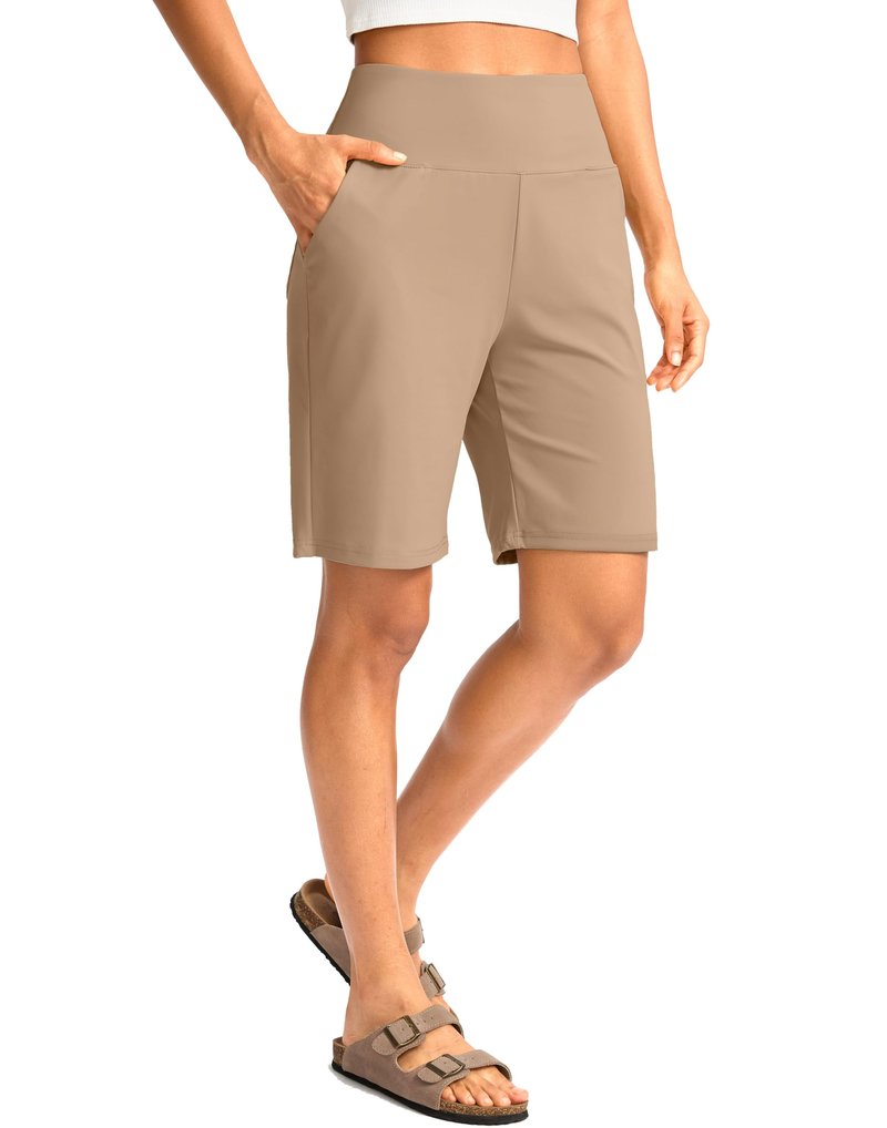 G Gradual Women's Bermuda Long Shorts with Pockets 9" High Waisted Knee Length Shorts for Women Walking Athletic Workout(Khaki,S)