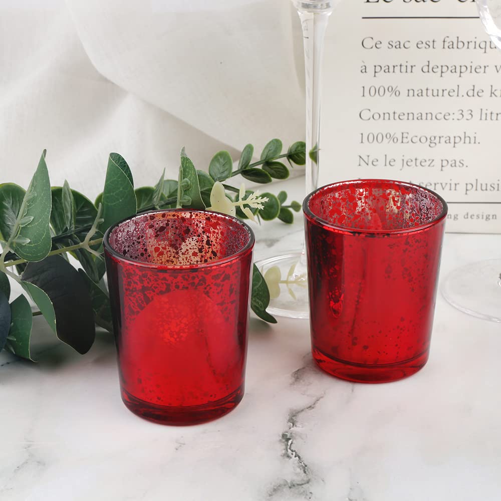 BTGLLAS 6pcs Red Glass Tea Light Holders - Votive Candle Holders Bulk for Weddings Events - Glass Votives for Wedding Centerpieces, Christmas, Thanksgiving - Candle Accessories Decor (6, Red)