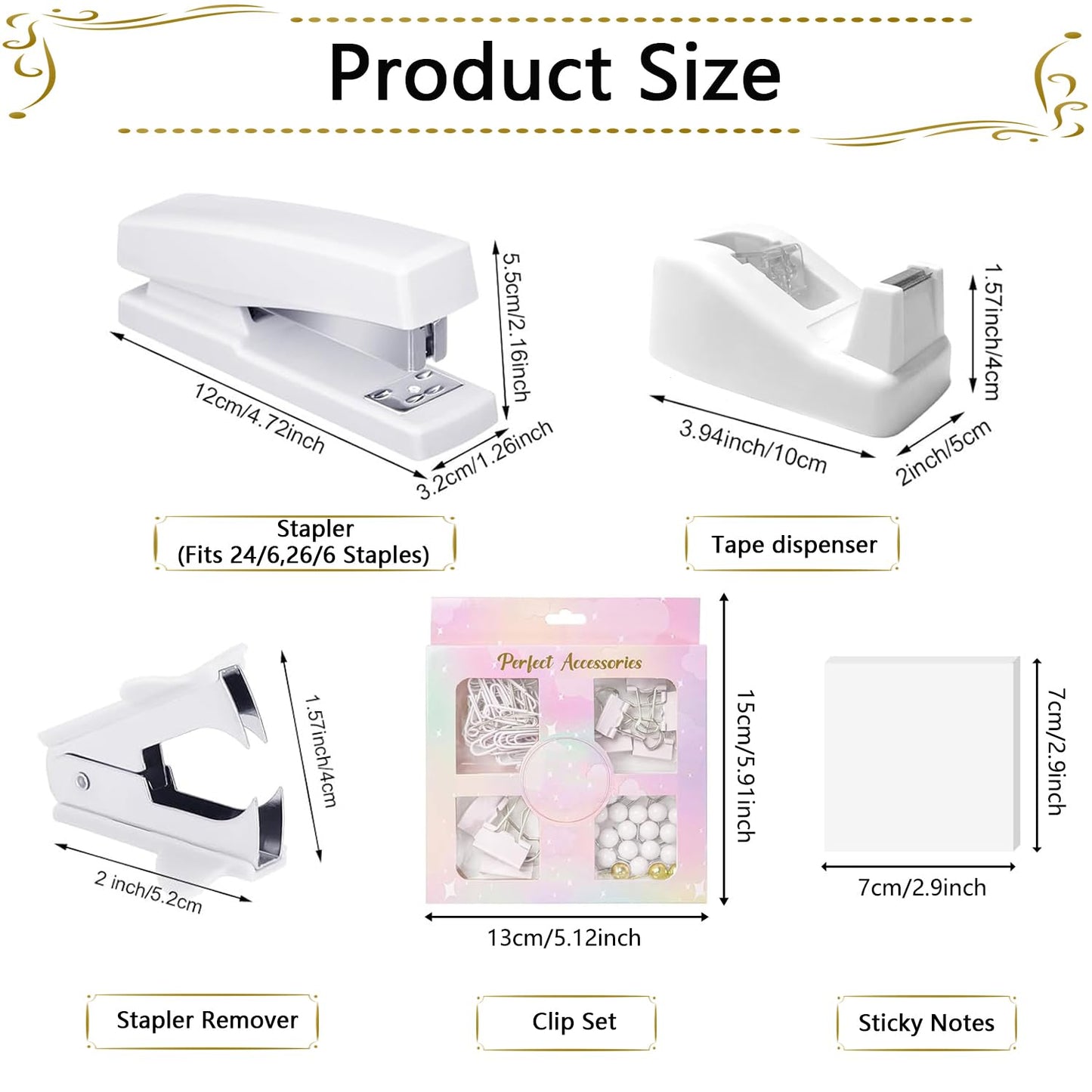 Office Supplies,Desk Accessories,Stapler and Tape Dispenser Set,1000 Staples,Staple Remover,Pen Holder,Folding Phone Holder,Journal Notebook,Ballpoint Pen,Scissor,Ruler,Clear Tape,Sticky Notes,Ect
