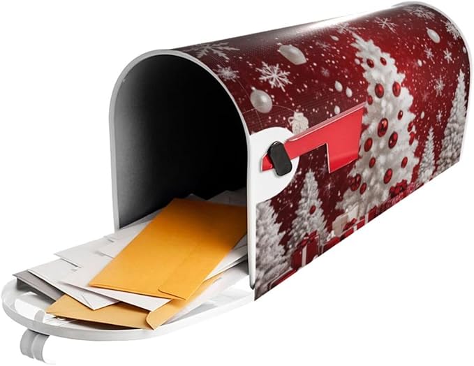 Festive Magnetic Mailbox Cover Red Christmas Tree Pattern Outdoor Mailbox Protector Holiday Seasonal Decorative Garden Yard Home Standard Size 21 x 18 Inch