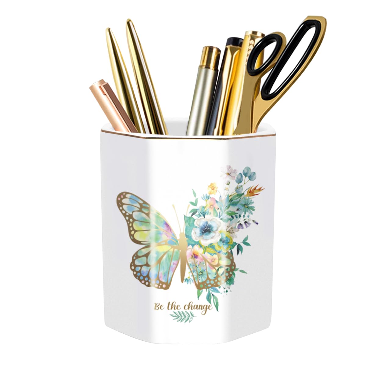 WAVEYU Pencil Pen Holder for Desk, Ceramic Cute Makeup Brush Holder, Desktop Supplies and Accessories for Women Students, Art Supply Caddy, Butterfly Pattern