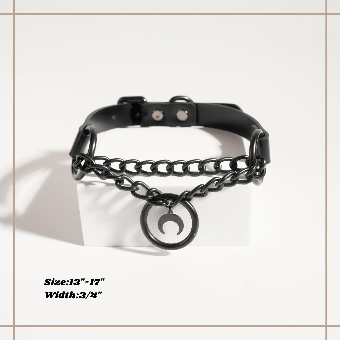 ADEMISHIA Black Gothic Chain Choker with O-ring and Moon Pendant, Punk Grunge Emo Leather Necklace For Women