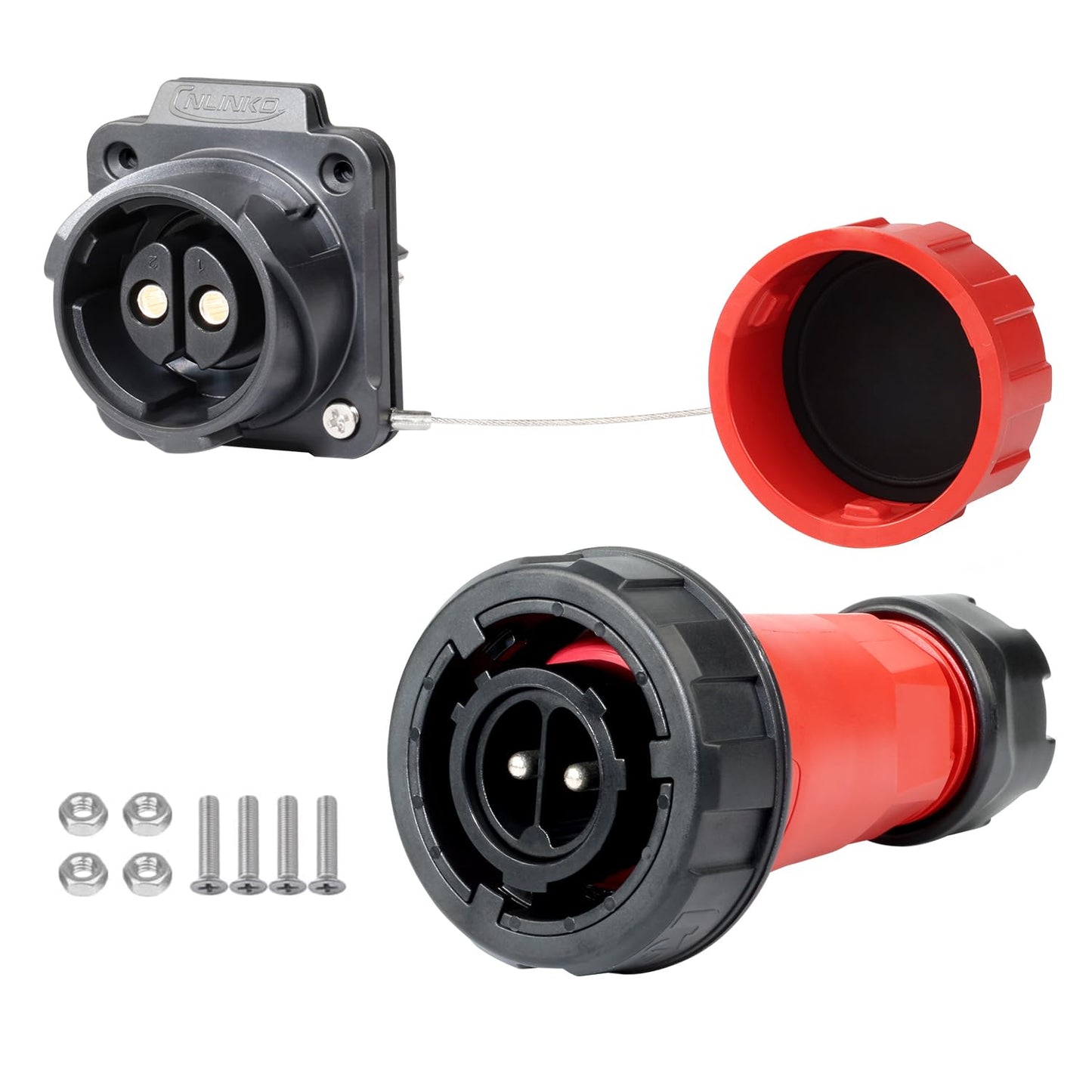 CNLINKO DL-28 50A Waterproof Connector 2-Pin Screw-Assembly High-Current Compact Size IP68 Push-Pull Locking Electrical Plug for Display Industrial Automation (Four-Hole Socket Set)