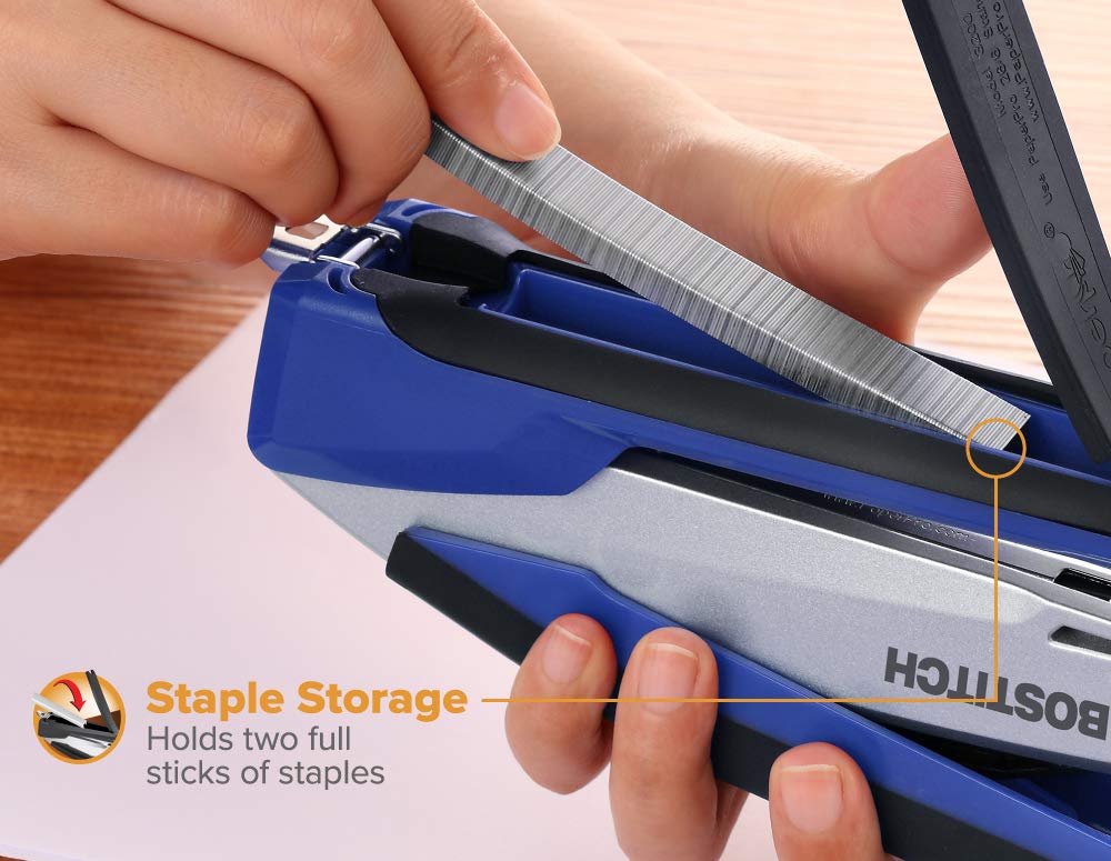 Bostitch Office InPower Spring-Powered Premium Desktop Stapler - One Finger, No Effort, Blue/Silver (1118)