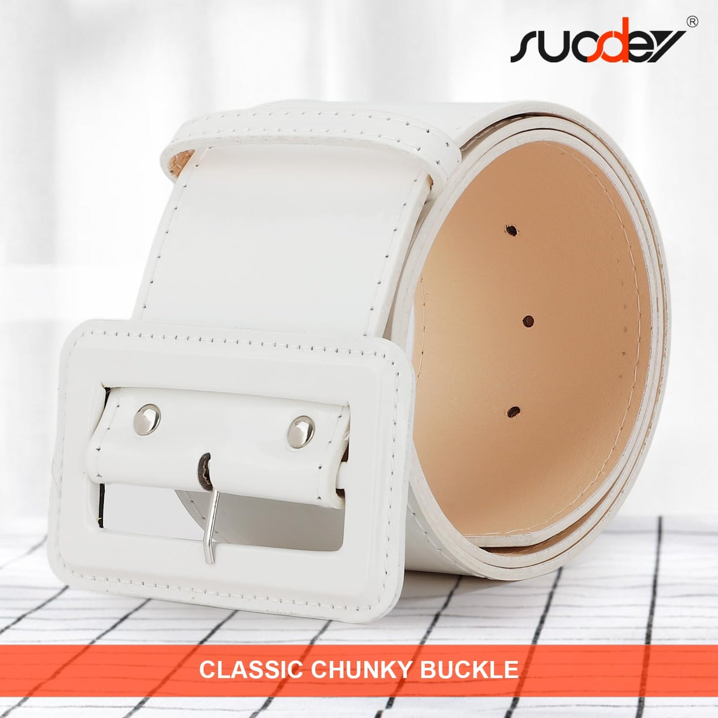 SUOSDEY Women Wide Patent Leather White Belt Fashion Square Buckle Waist Cinch Belt for Dresses,3" Width