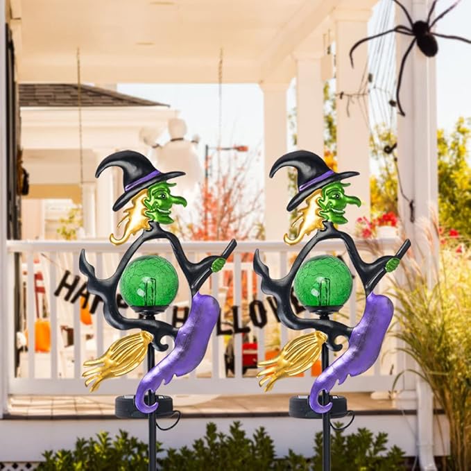 Viveta Solar Halloween Lights, Witch Halloween Decorations Solar Stake Lights with Crackle Glass Ball for Outdoor Pathway Garden Yard Patio, 2 Pack