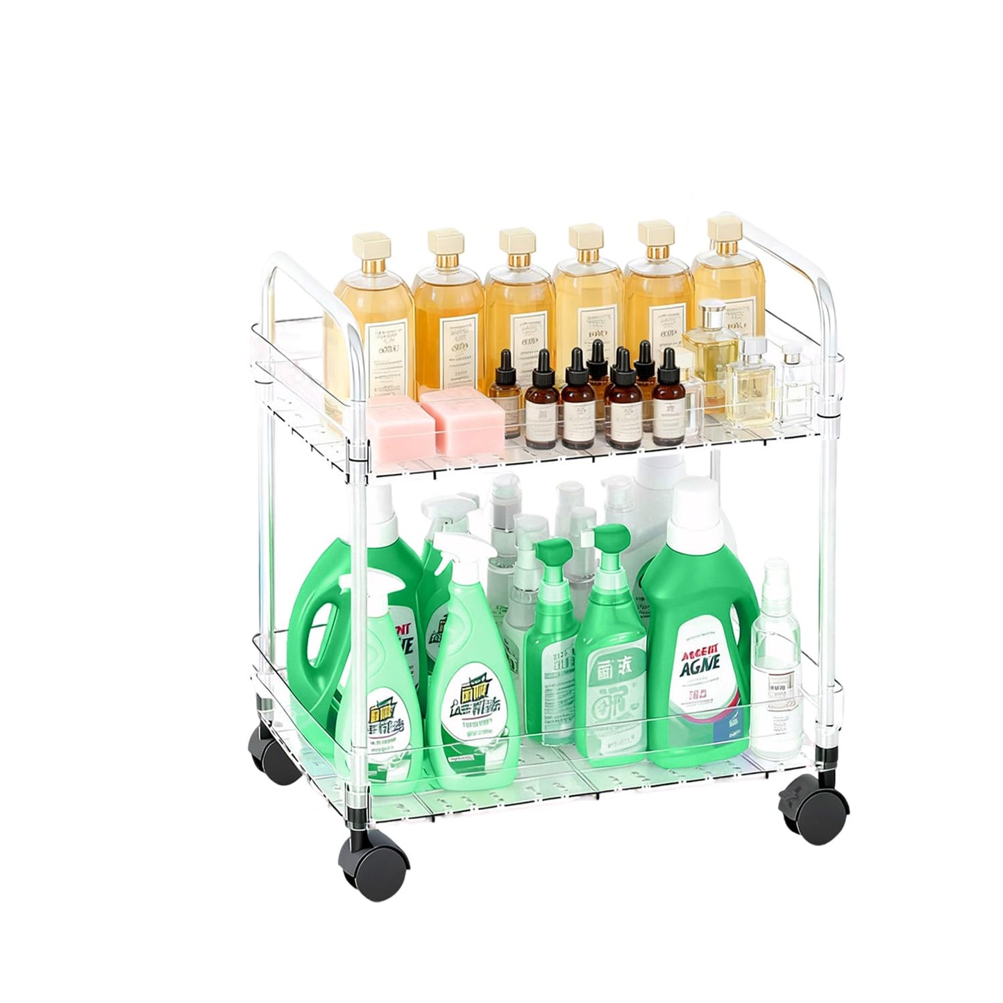 2 Tier Utility Rolling Cart with Wheels Multifunctional Storage Cart Under Desk Storage Organizer with Handle and Hooks for Home Kitchen Office Bathroom Organization Transparent