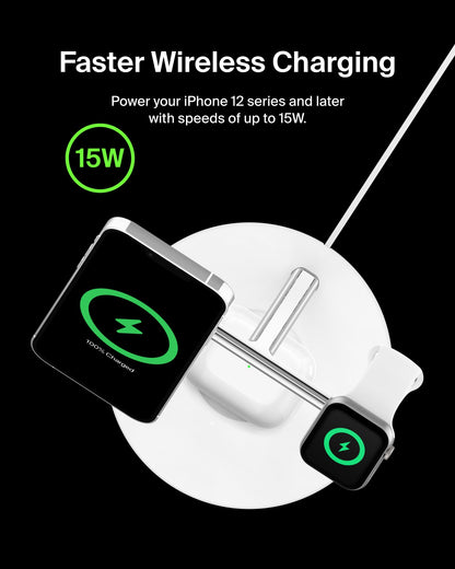 Belkin MagSafe-Compatible Charger, 3-in-1 Wireless Charging Station, Qi2-Certified 15W Wireless Charge for Apple iPhone 17 Series, Apple Watch, AirPods w/Non-Slip Base, 40W Included - Black