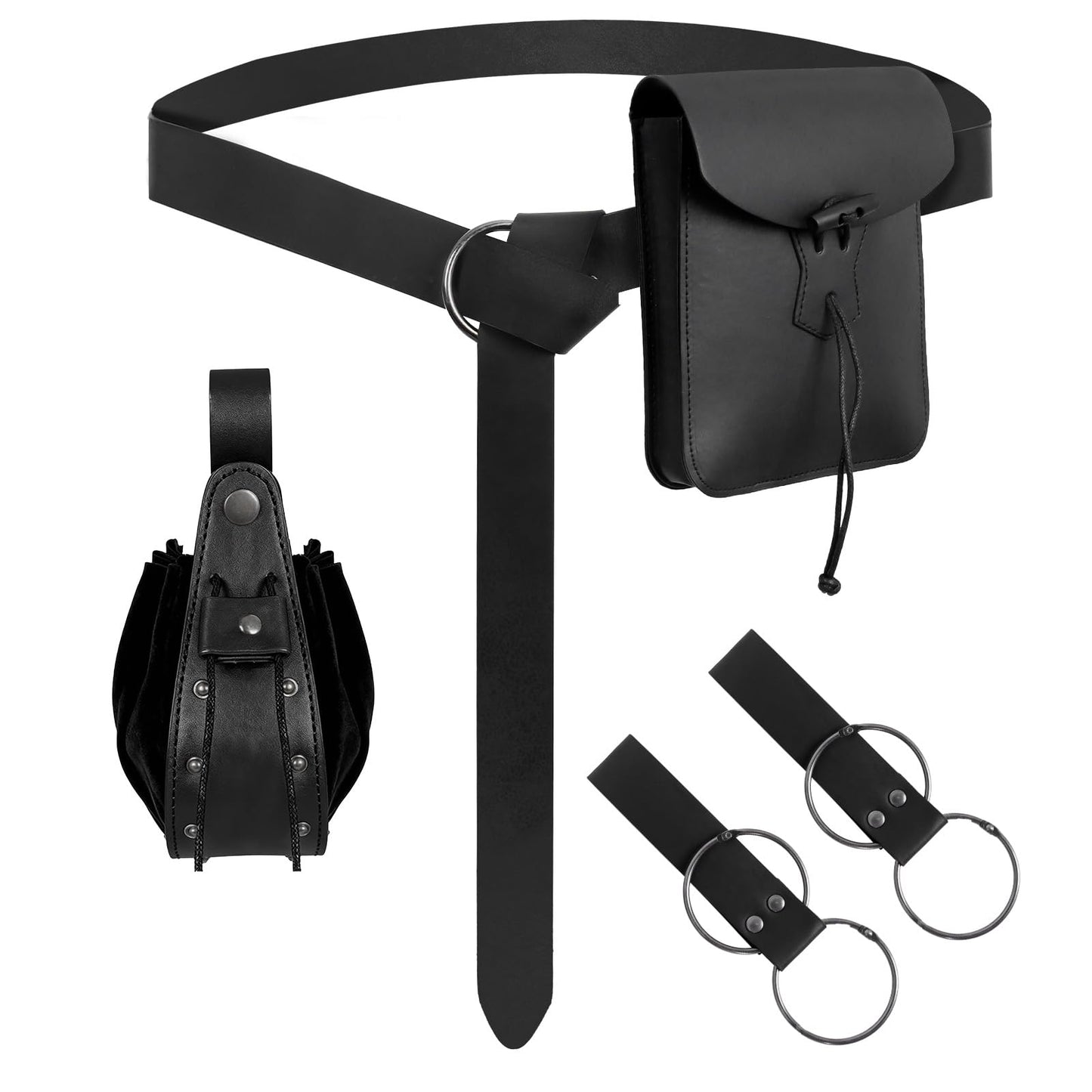 Renaissance Belt Pouch Medieval Pirate Costume Accessories - Viking Faux Leather Waist Bag with Skirt Hikes for Cosplay LARP (Black)